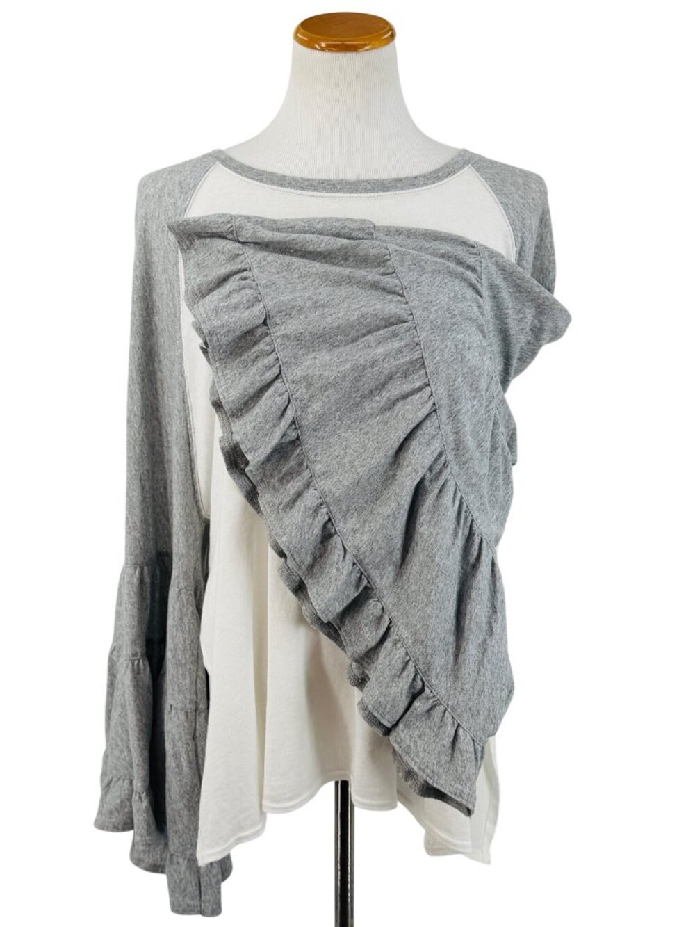 Free People Gray White Ruffled Bell Sleeve Raglan Oversized Top XS | Sporty Boho